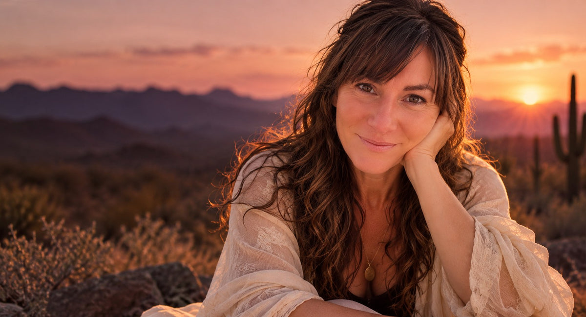 Audra Leigh smiling at sunset in the Arizona desert