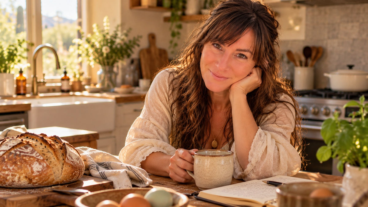 Audra Leigh smiling at her kitchen table with coffee, fresh bread and a journal